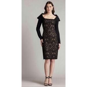 Tadashi Shoji Black Beige Corded Lace & Crepe Shawl Cocktail Dress Size 10 $458